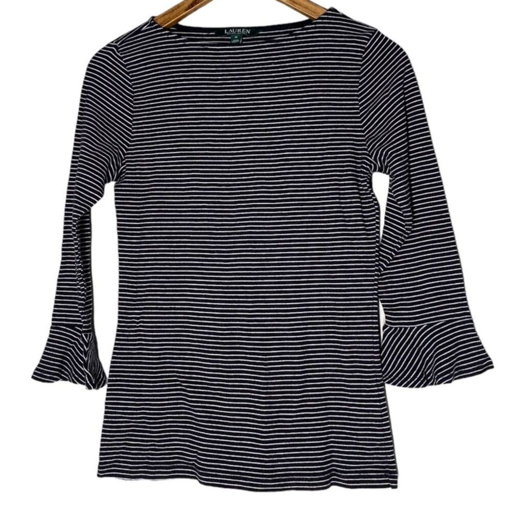 Lauren RL Black White Stripe Crew Neck Tunic Top Womens Size M 3/4 Bell Sleeve
